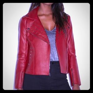 Red Faux Leather Embellished Biker Jacket